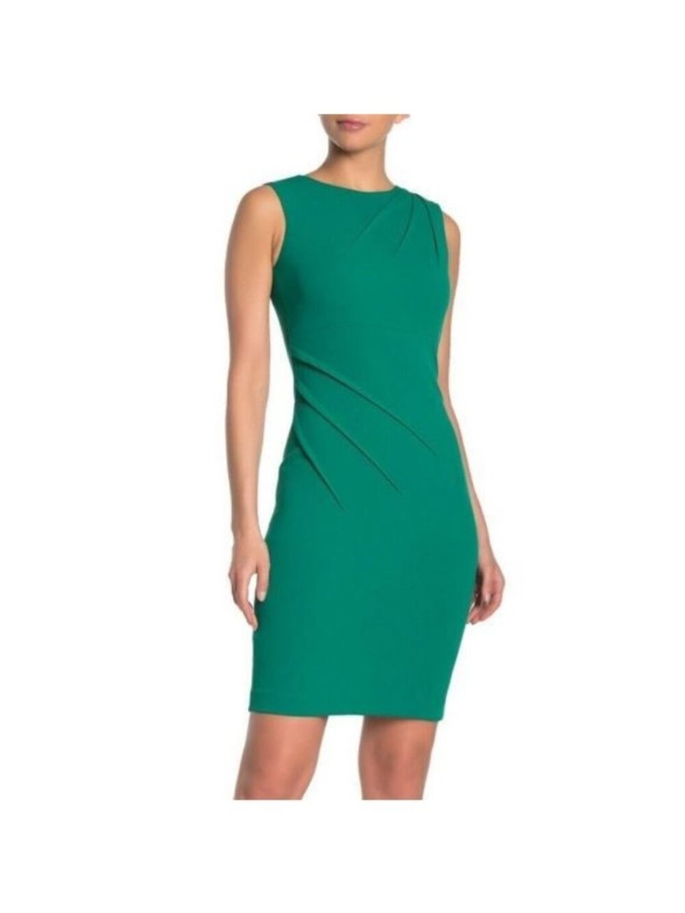Calvin Klein Dress Size 8 Teal Sleeveless Sheath Sunburst Pleated Shoulder Side